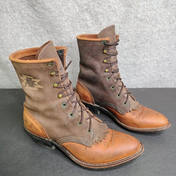 Vintage Abilene Boots Brown Leather Kiltie Packer Embroidered Aztec Size 5.5 - Picture 3 of 14